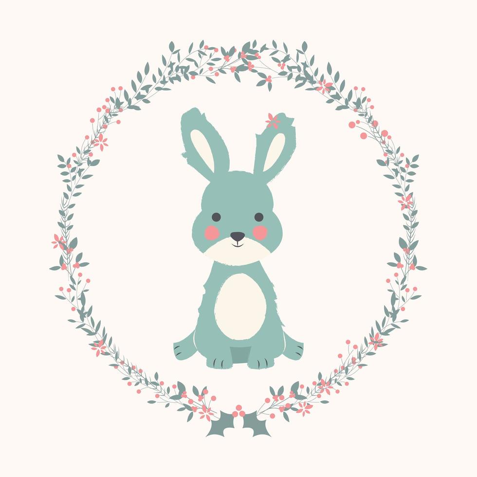 schattige baby konijn in kerst bloem en tak krans vector