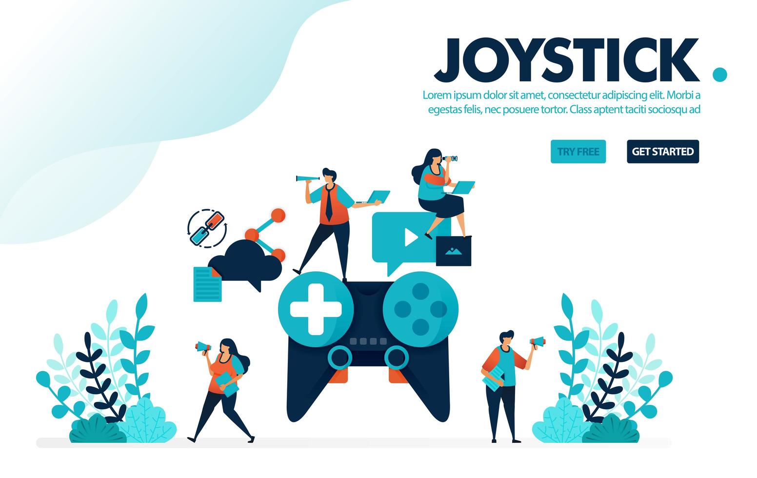 vector illustratie analoge joystick. mensen die games spelen op een gigantische joystick. teamwerk en samenwerking bij het voltooien van het spel. ontworpen voor bestemmingspagina, web, banner, sjabloon, achtergrond, flyer, poster