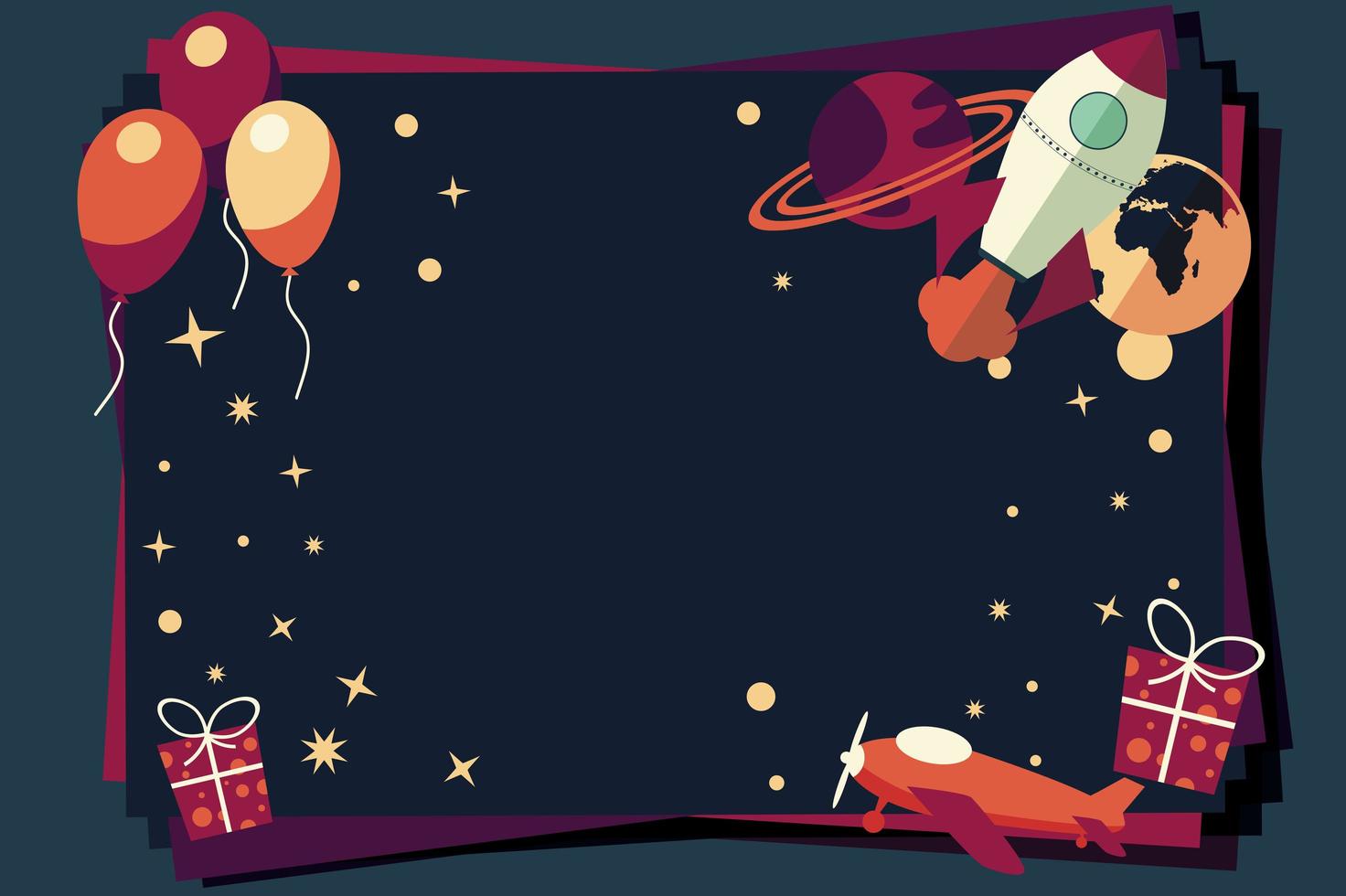 achtergrond met ballonnen, cadeautjes, raketschip en planeten vector