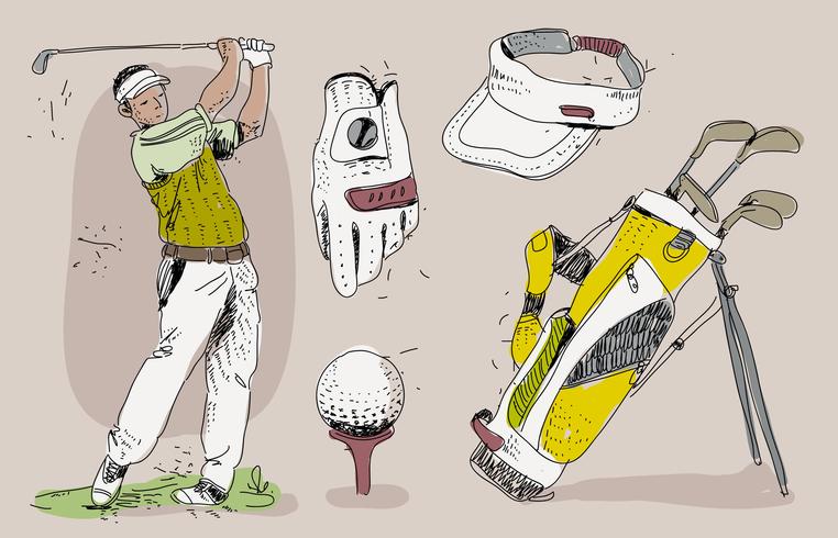 Vintage Golf speler Essensials Hand getrokken vectorillustratie vector