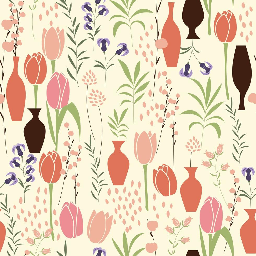 vector naadloze patroon met florale elementen, Lentebloemen, tulpen, lelies en vazen