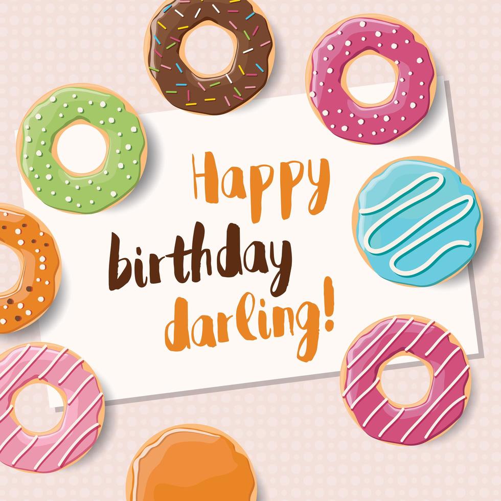 verjaardagskaartontwerp met kleurrijke glanzende smakelijke donuts vector