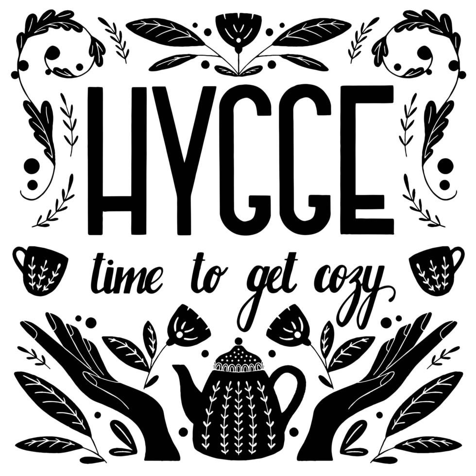 hygge concept. zwart-wit hand belettering Scandinavische folk motieven ontwerp vector