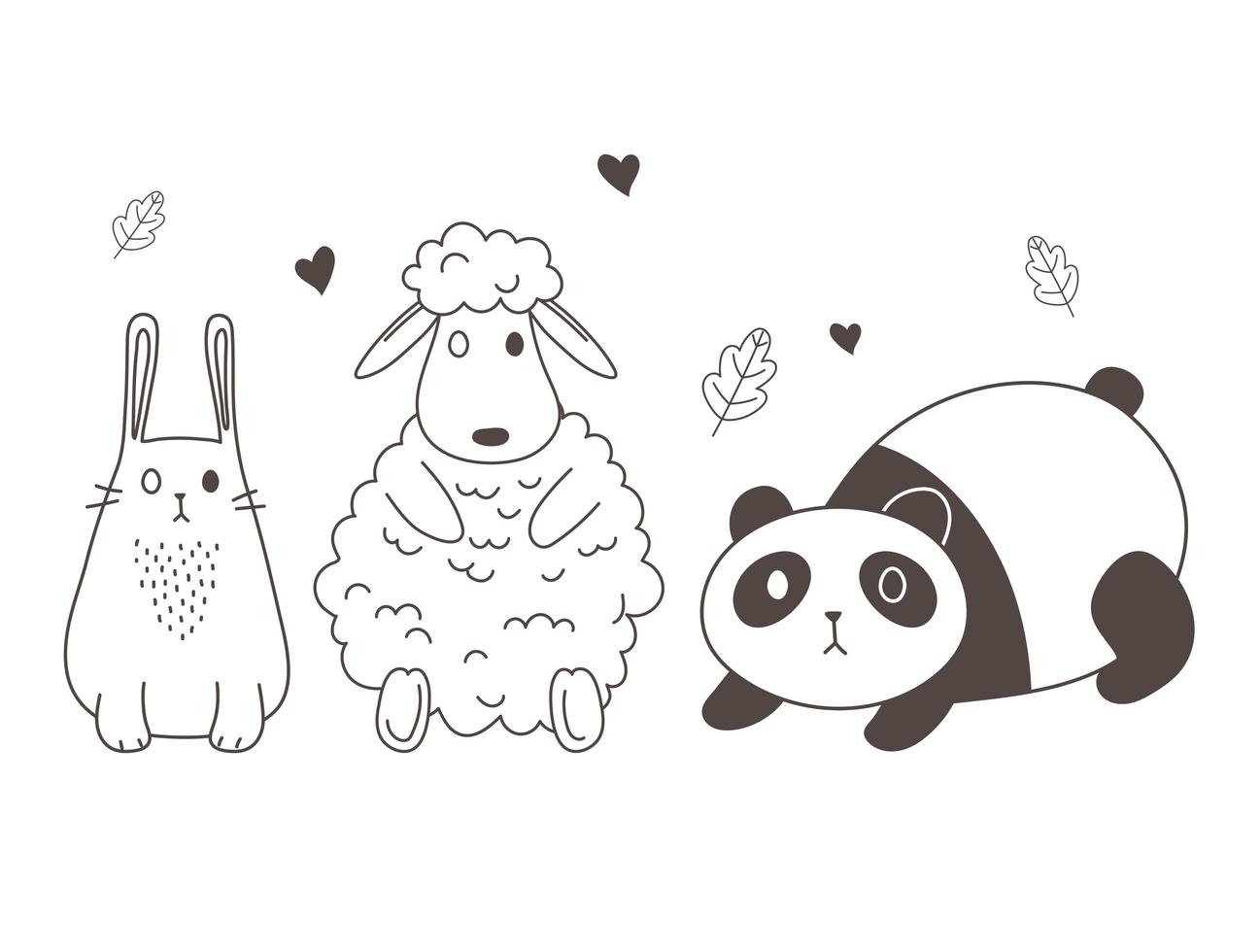 schattige dieren schets wildlife cartoon schattige panda schapen en konijnen heerlijk vector