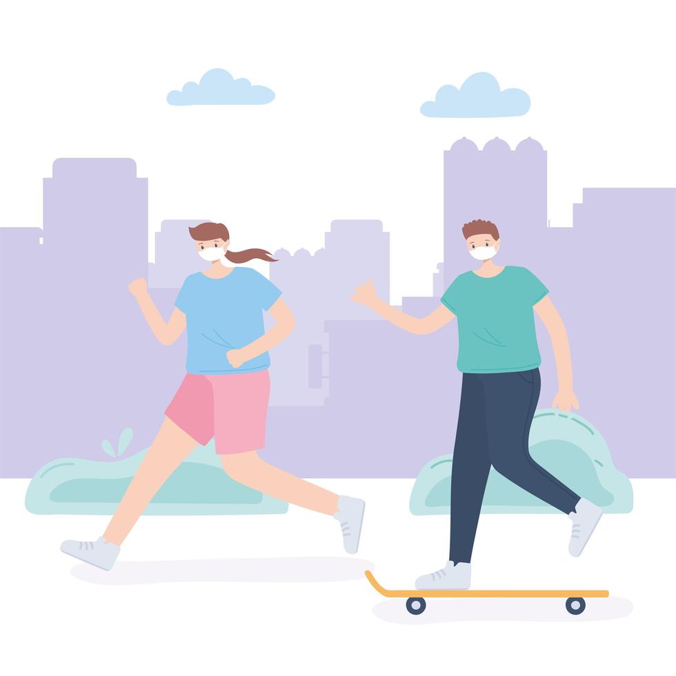 mensen met medisch gezichtsmasker, rennende vrouw en jongen rijden skate in park, stadsactiviteit tijdens coronavirus vector