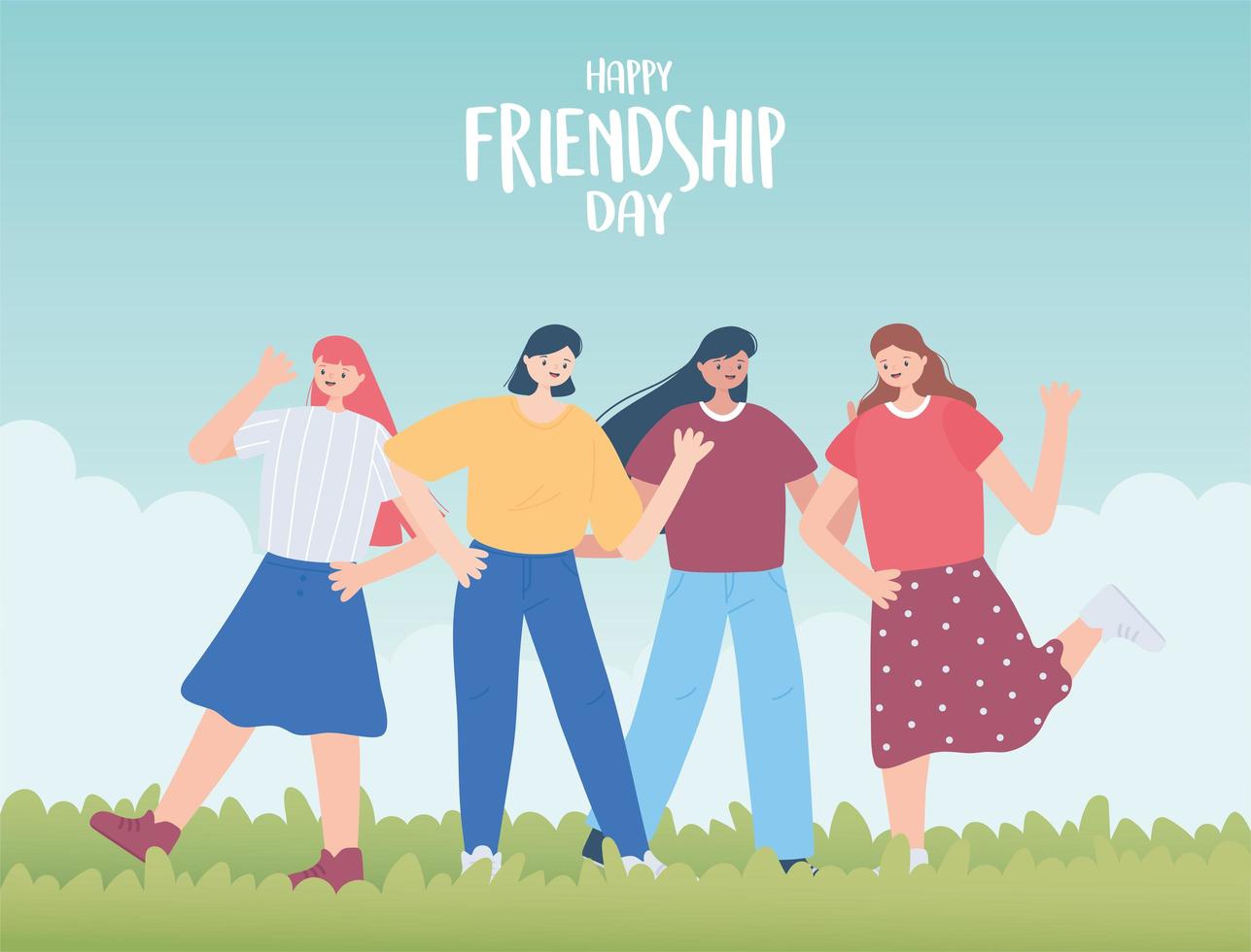 gelukkige vriendschapsdag, jonge groep vrouwen eenheid relatie speciale gebeurtenisviering vector