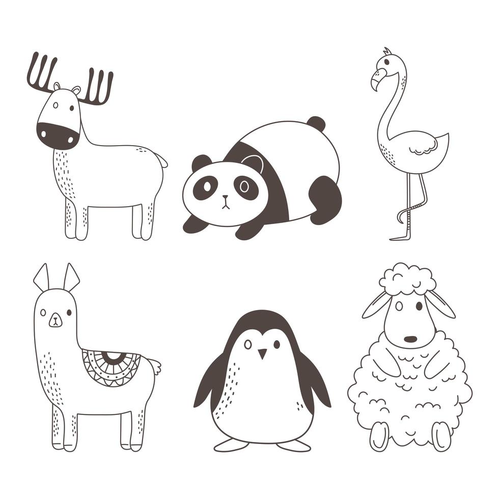 schattige dieren schets wildlife cartoon schattig herten panda flamingo alpaca pinguïn schapen pictogrammen vector