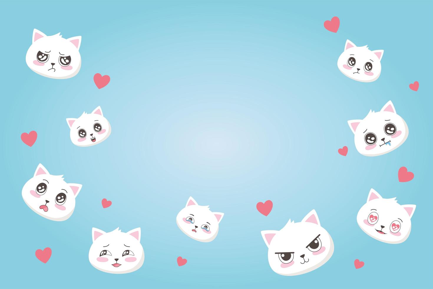 schattige katten met verschillende emoties harten zijn dol op cartoon gezichten dieren vector