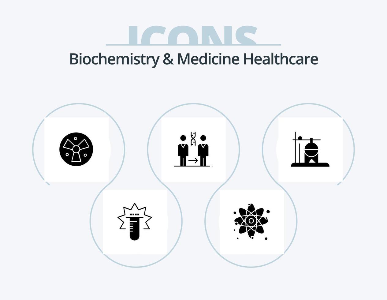 biochemie en geneeskunde gezondheidszorg glyph icoon pak 5 icoon ontwerp. gezondheidszorg. ziekenhuis. straling. geduldig. dna vector