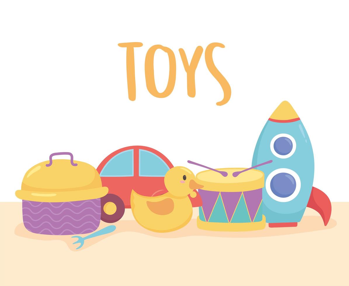 speelgoedobject voor kleine kinderen om cartoon drum raket auto eend en lunchbox te spelen vector