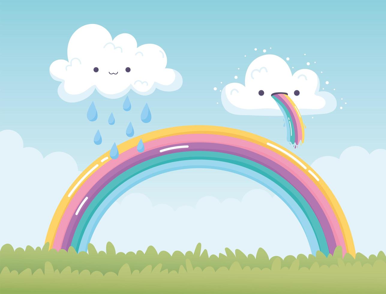 regenboog met wolken tong en regen gras landschap decoratie cartoon vector