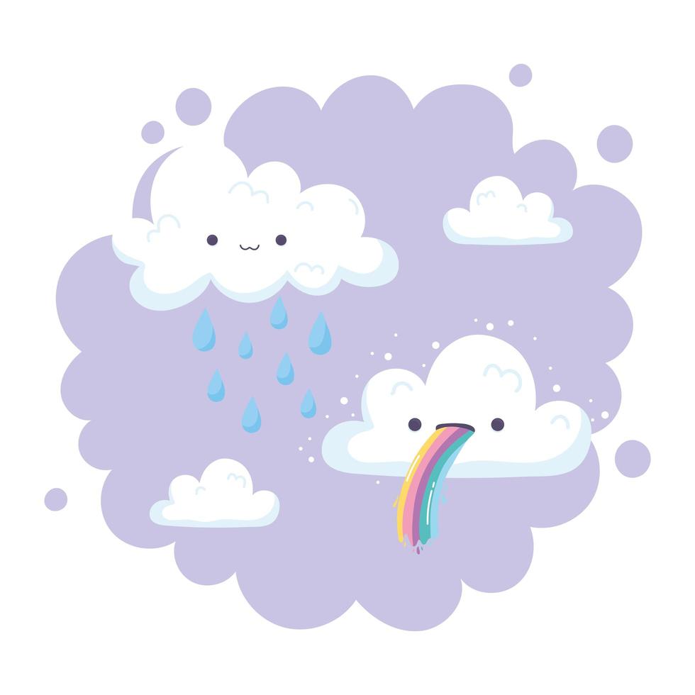 wolken met regenboogtong en regendruppels cartoon vector