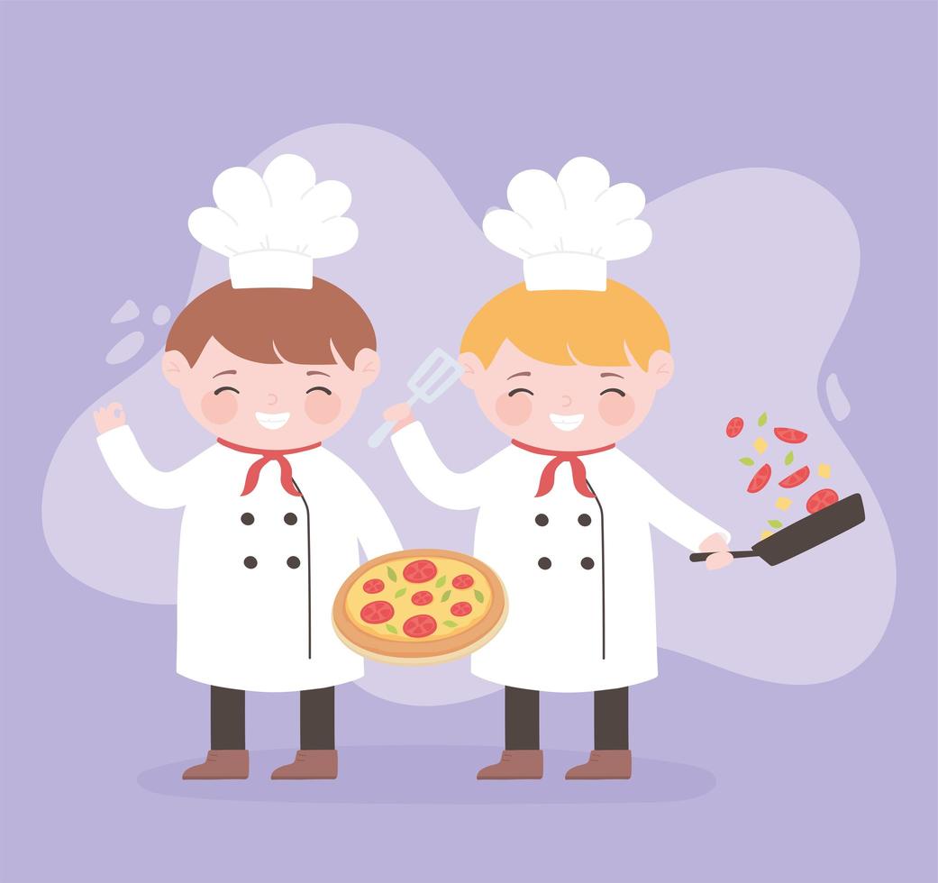 chef-koks jongens stripfiguur met pizza en salade in pan vector