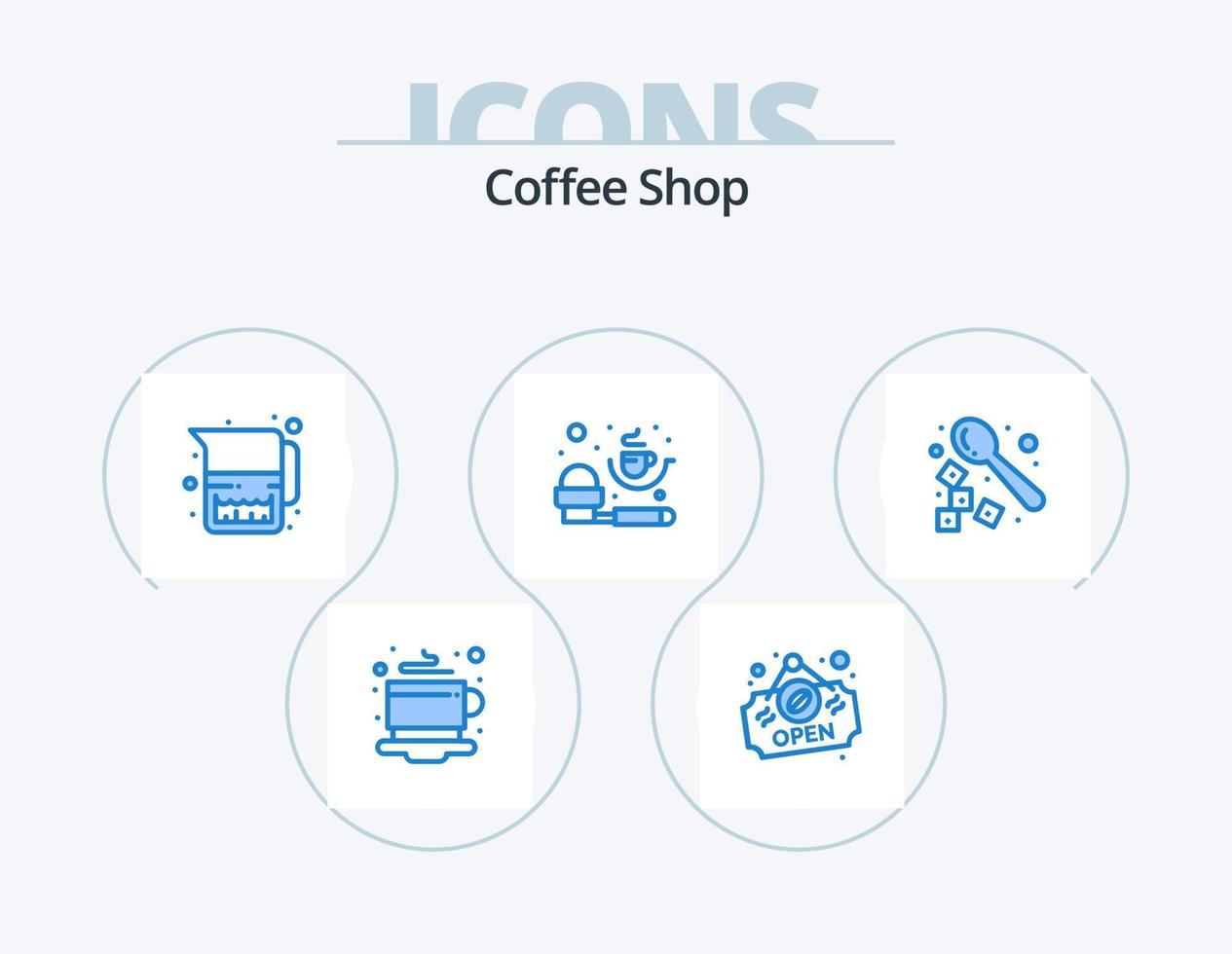 koffie winkel blauw icoon pak 5 icoon ontwerp. drankje. barista. kruik. poeder. meting vector