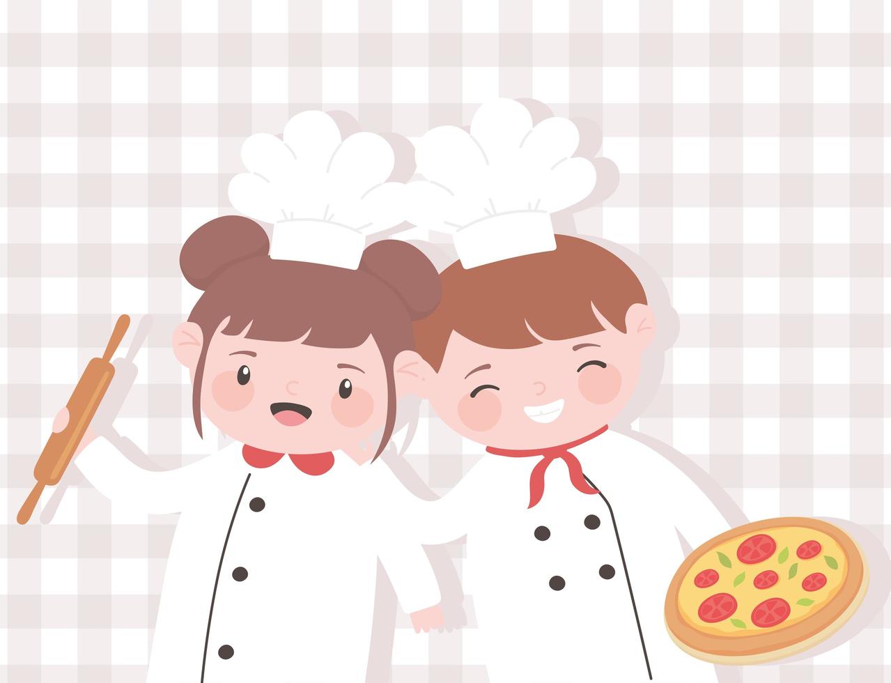 schattig meisje en jongen chef-koks stripfiguur met roller pin en pizza vector