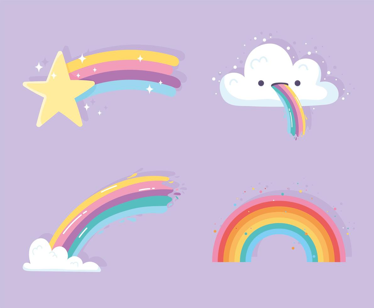 regenboog met wolken cartoon vallende ster decoratie pictogrammen vector