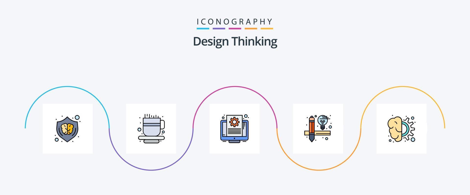 ontwerp denken lijn gevulde vlak 5 icoon pak inclusief versnelling. brein. document. hulpmiddelen. creatief vector