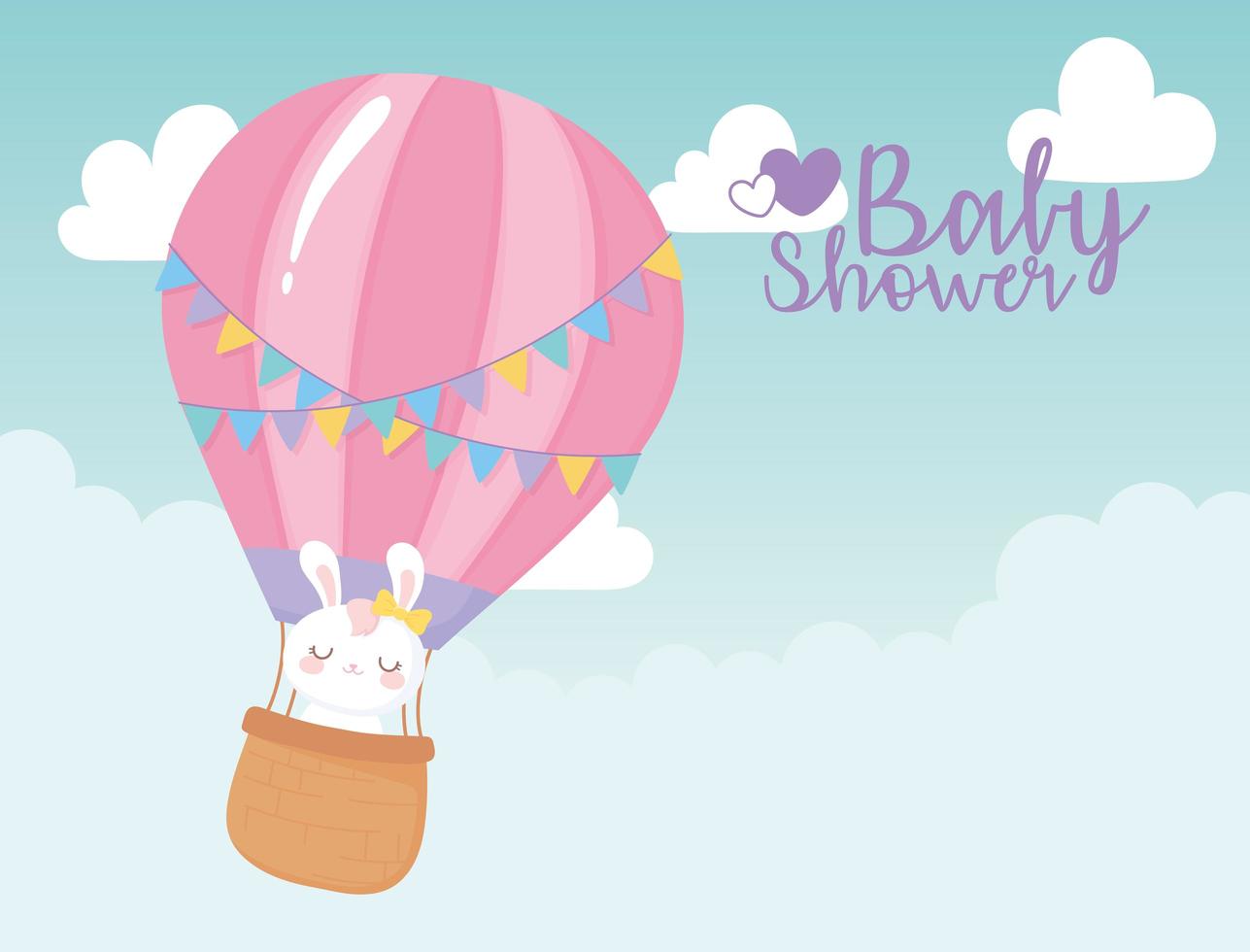 babydouche, vliegende luchtballon met schattig konijntje, welkom pasgeboren feestkaart vector