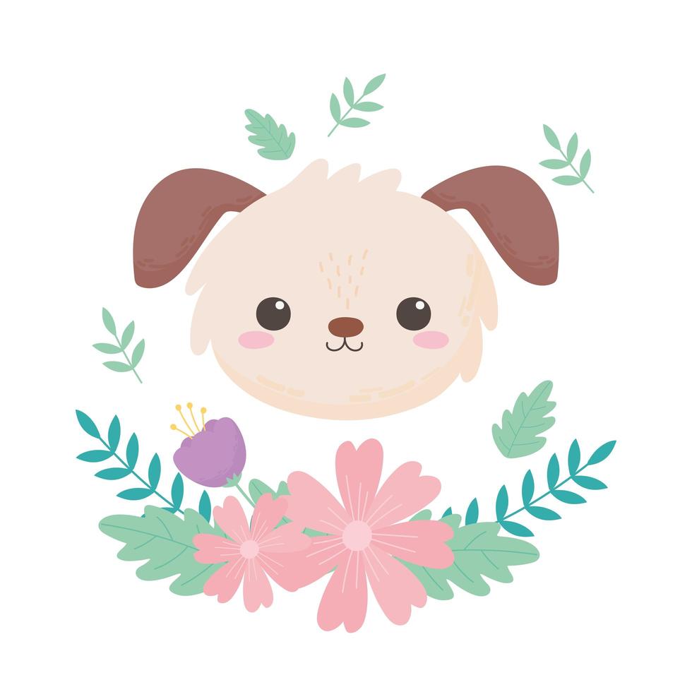 kleine hond hoofd bloemen verlaat cartoon dier vector