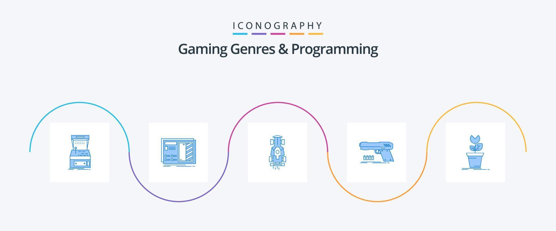 gaming genres en programmering blauw 5 icoon pak inclusief pistool. pistool. plan. snelheid. spel vector