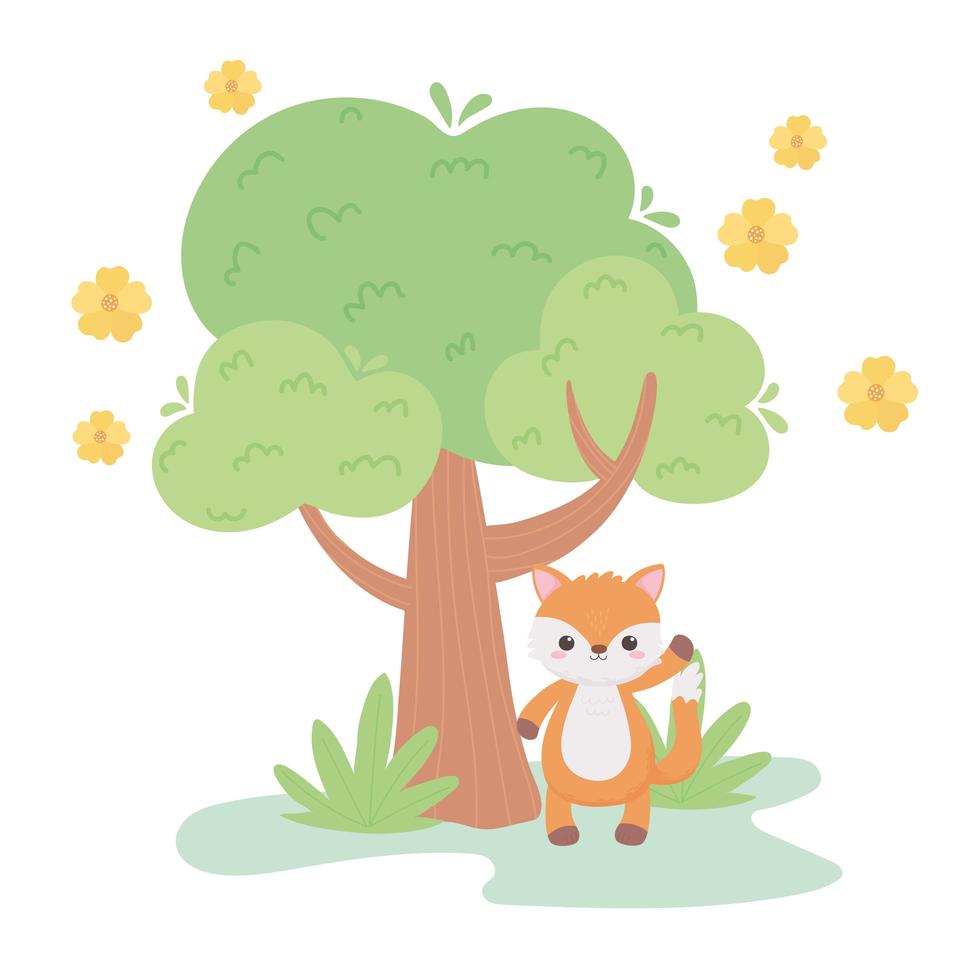 schattige kleine vos bloemen boom weide tekenfilm dieren in een natuurlijk landschap vector