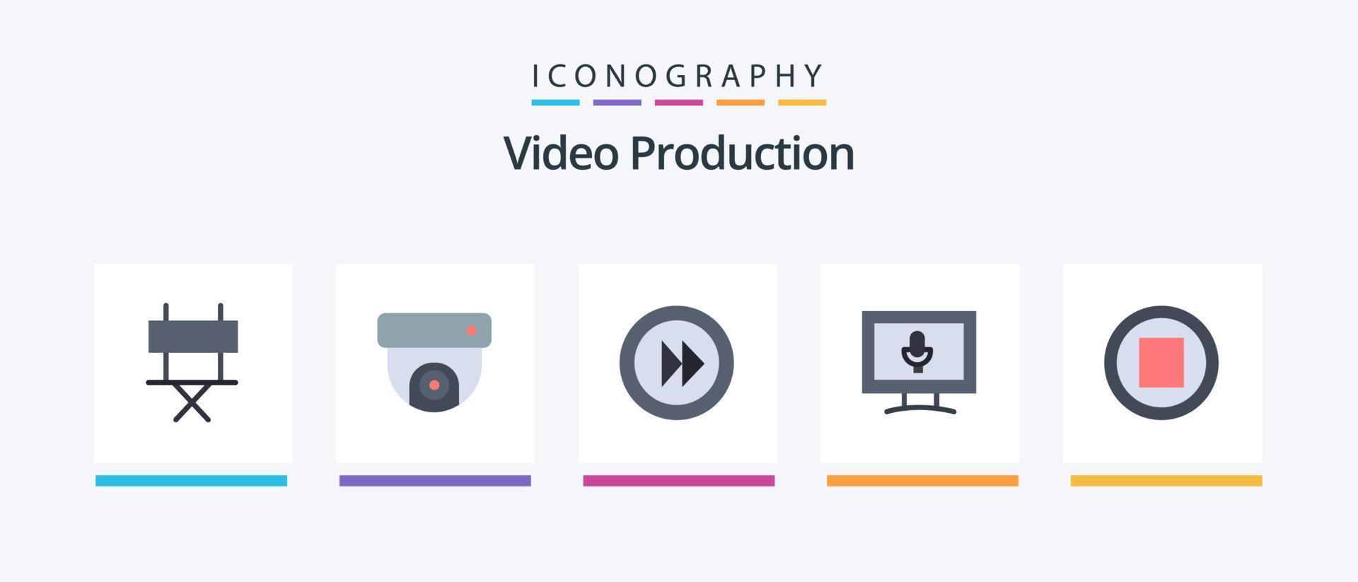 video productie vlak 5 icoon pak inclusief hou op. media. naar voren. microfoon. monitor. creatief pictogrammen ontwerp vector