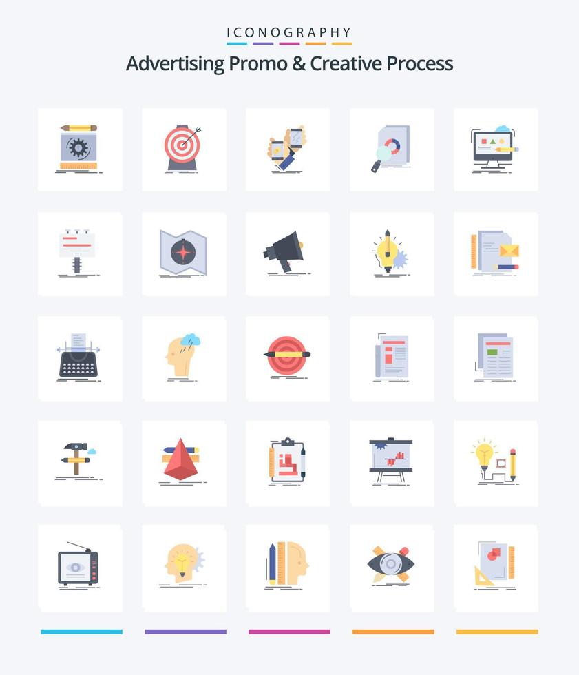 creatief reclame promo en creatief werkwijze 25 vlak icoon pak zo net zo financieel. analyse. doelwit. Product. pakket vector