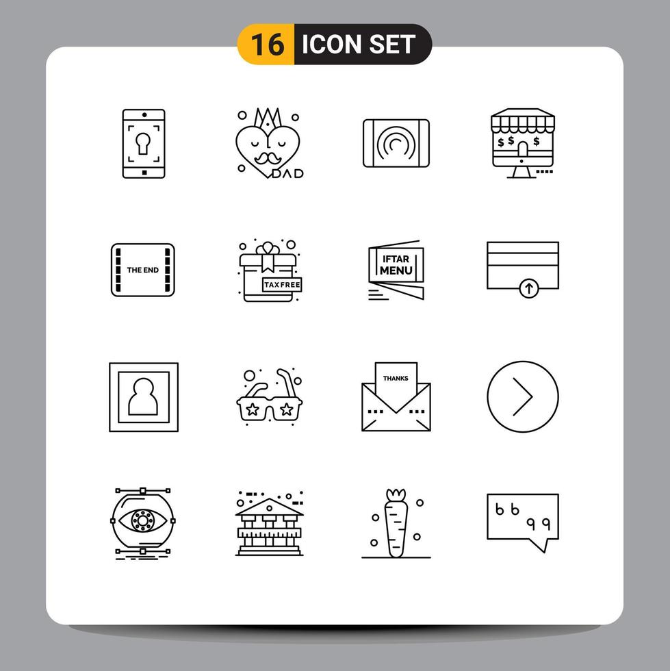 modern reeks van 16 contouren pictogram van film einde wisselwerking winkel online bewerkbare vector ontwerp elementen