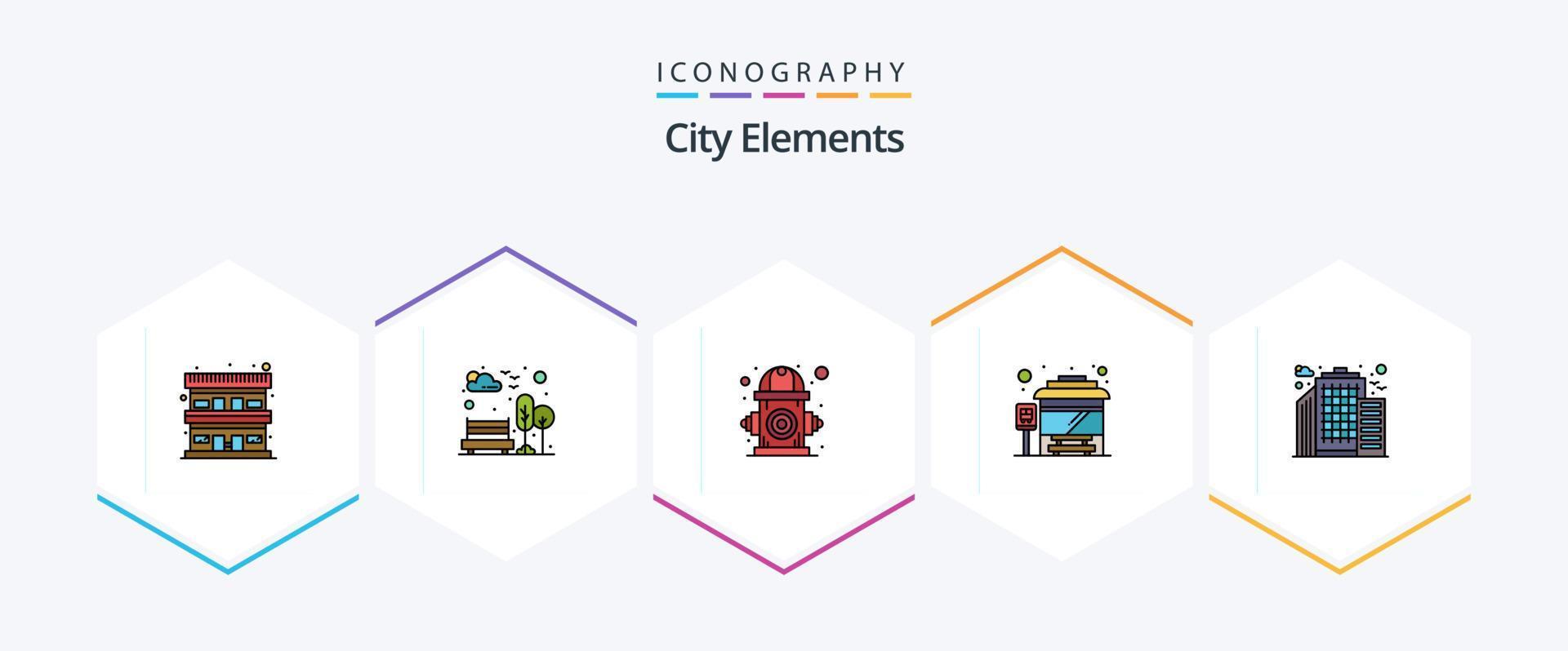 stad elementen 25 gevulde lijn icoon pak inclusief gebouw. stad bus terminal. stad. hou op. water vector