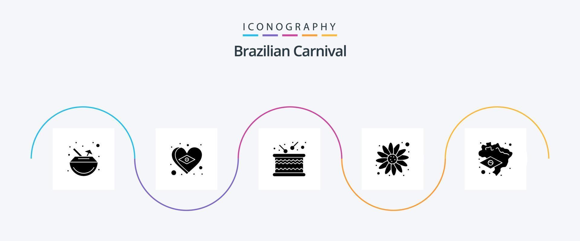 braziliaans carnaval glyph 5 icoon pak inclusief kaart. Brazilië. trommel. zon bloem. carnaval vector
