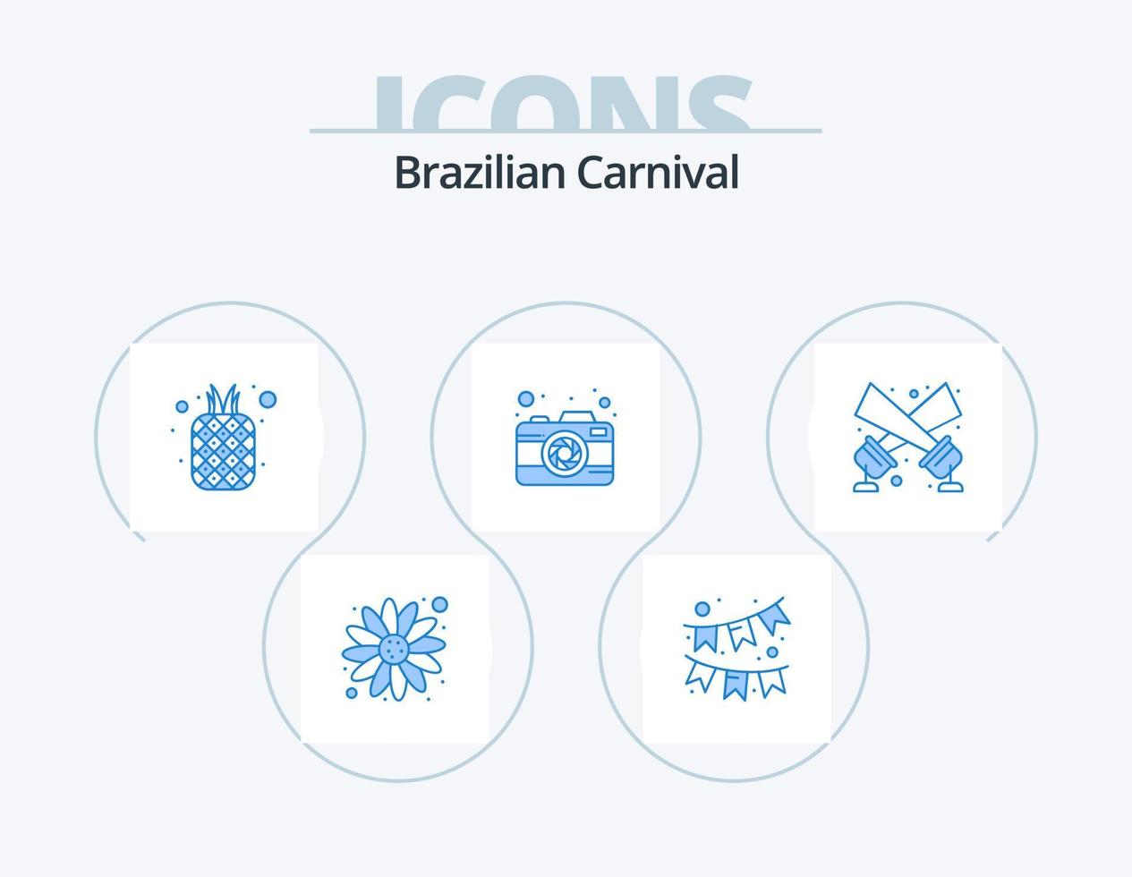 braziliaans carnaval blauw icoon pak 5 icoon ontwerp. schijnwerper. zaklamp. vruchten. vastleggen. fotografie vector