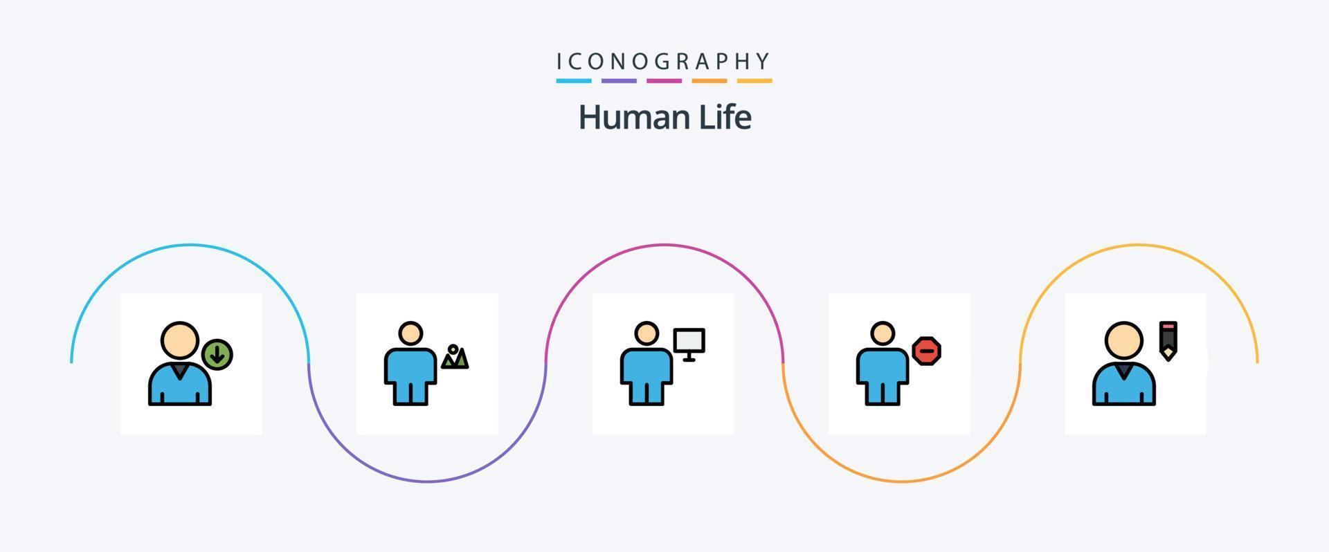 menselijk lijn gevulde vlak 5 icoon pak inclusief teken. lichaam. avatar. blok. scherm vector