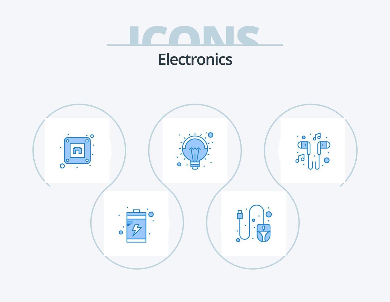 elektronica blauw icoon pak 5 icoon ontwerp. liedje. muziek. plug. hoofdtelefoon. lamp vector