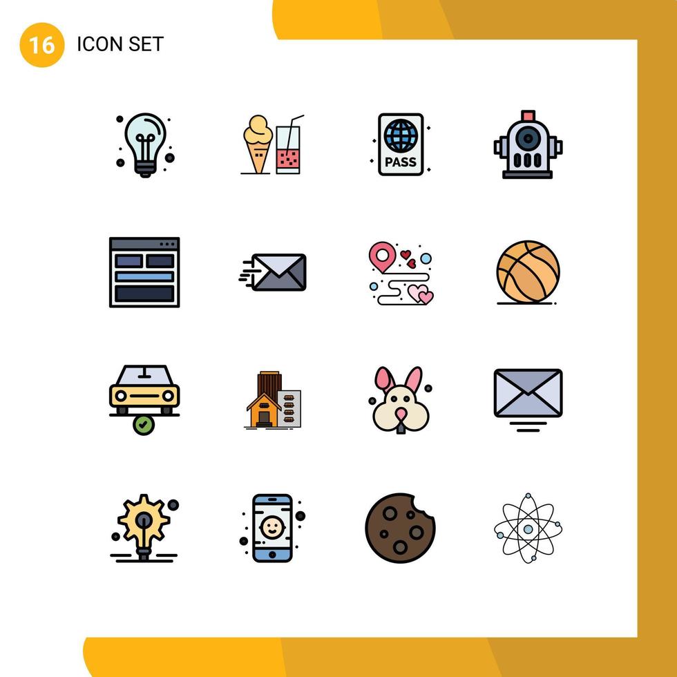 16 thematisch vector vlak kleur gevulde lijnen en bewerkbare symbolen van communicatie hydrant sap brand zwembad bewerkbare creatief vector ontwerp elementen