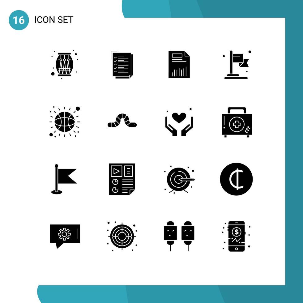 modern reeks van 16 solide glyphs pictogram van doel prestatie document statistieken diagram bewerkbare vector ontwerp elementen