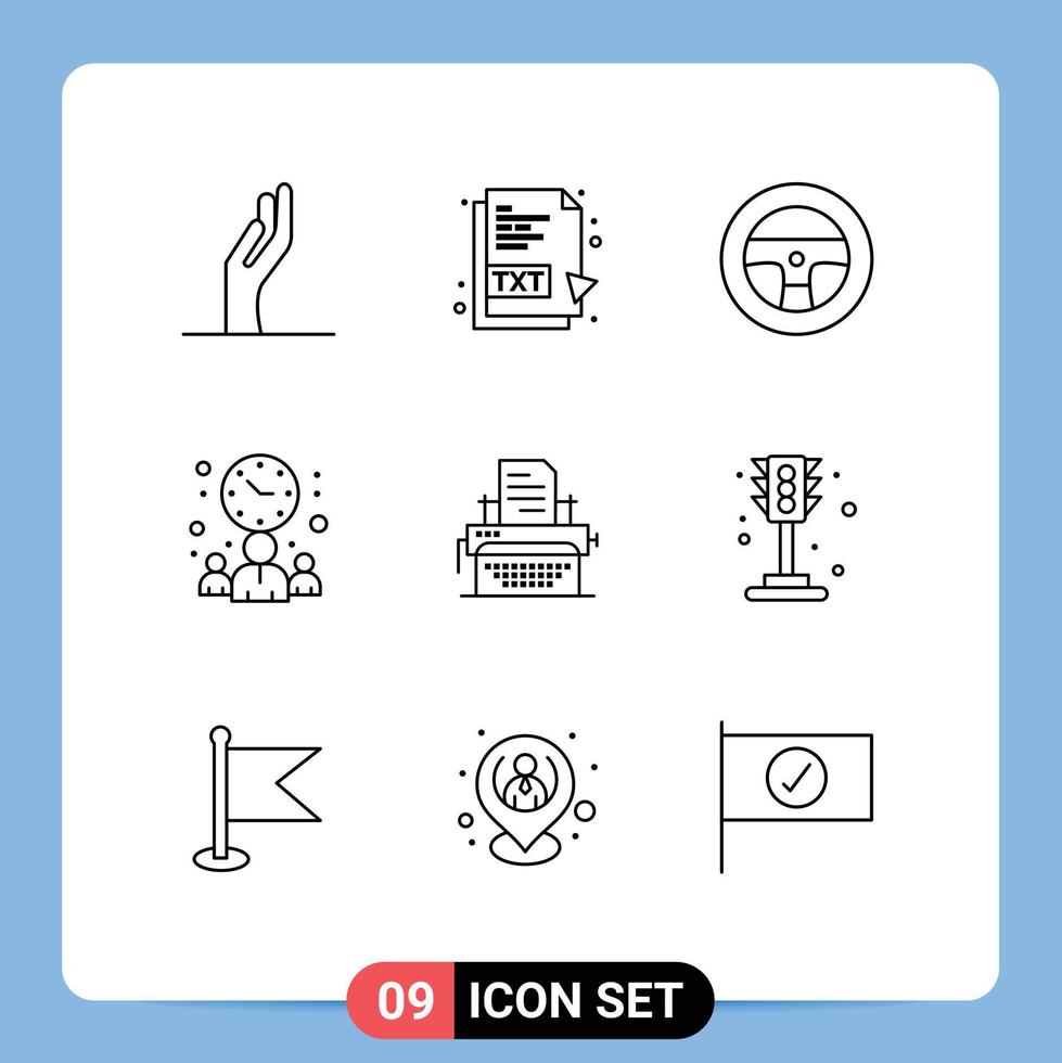 9 universeel contouren reeks voor web en mobiel toepassingen publiceren typen voertuigen schrijfmachine kantoor bewerkbare vector ontwerp elementen