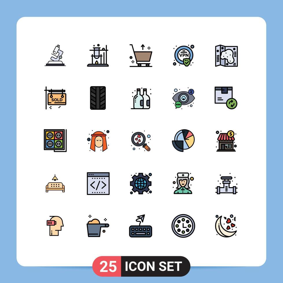 mobiel koppel gevulde lijn vlak kleur reeks van 25 pictogrammen van tuin plaats handel kaart veiligheid bewerkbare vector ontwerp elementen