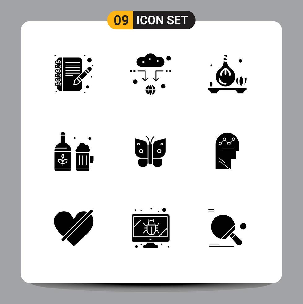 modern reeks van 9 solide glyphs pictogram van insect vlinder olie Ierland fles bewerkbare vector ontwerp elementen