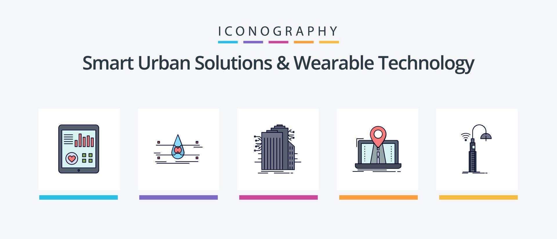 slim stedelijk oplossingen en draagbaar technologie lijn gevulde 5 icoon pak inclusief weg. verkeer. fabriek. route. systeem. creatief pictogrammen ontwerp vector