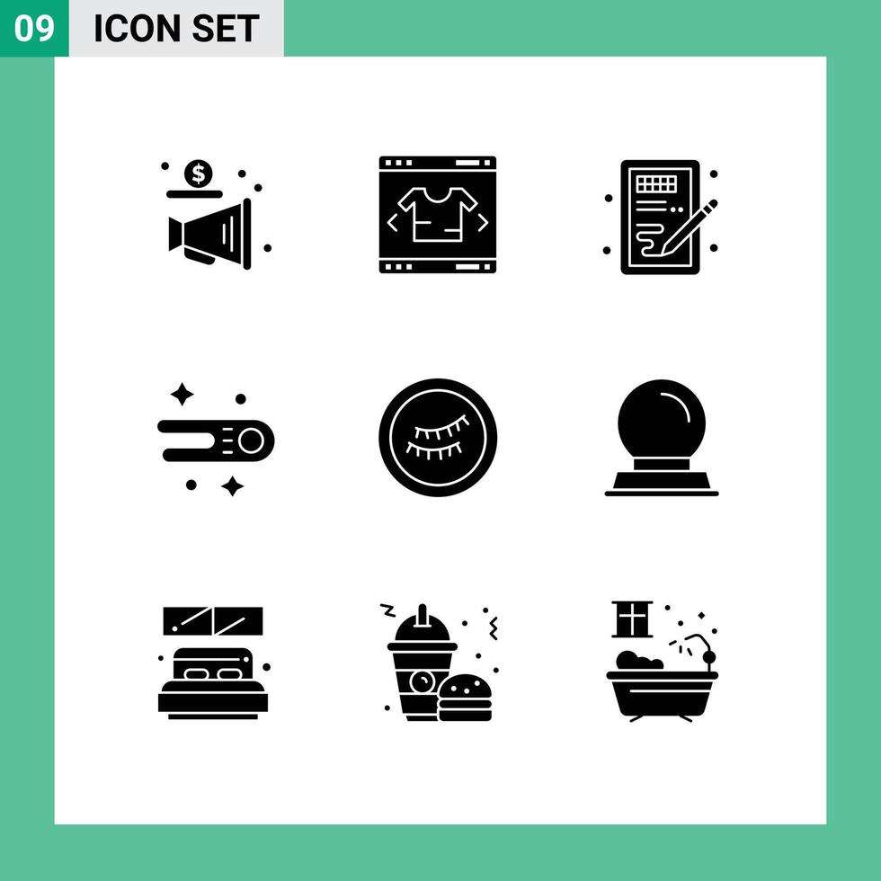 mobiel koppel solide glyph reeks van 9 pictogrammen van slaap ruimte creatief komeet aan het leren bewerkbare vector ontwerp elementen