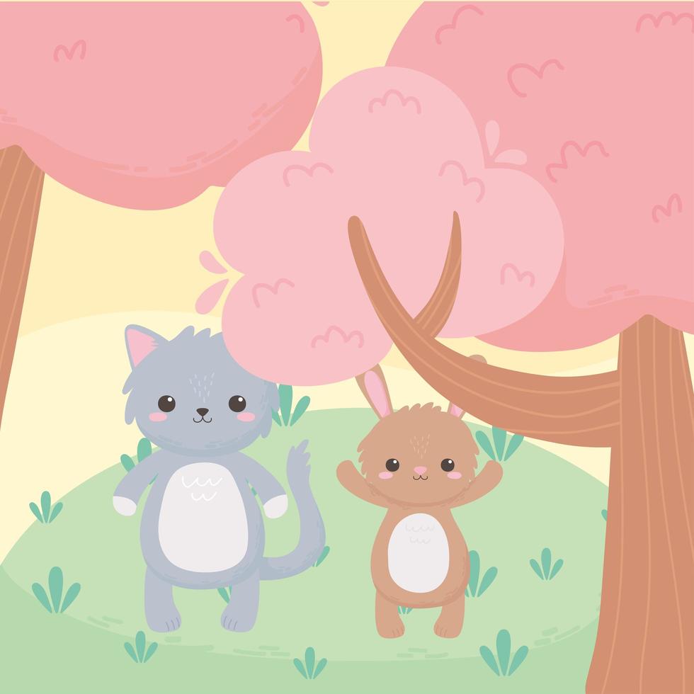 schattige kleine kat en konijn boom tekenfilm dieren in een natuurlijk landschap vector