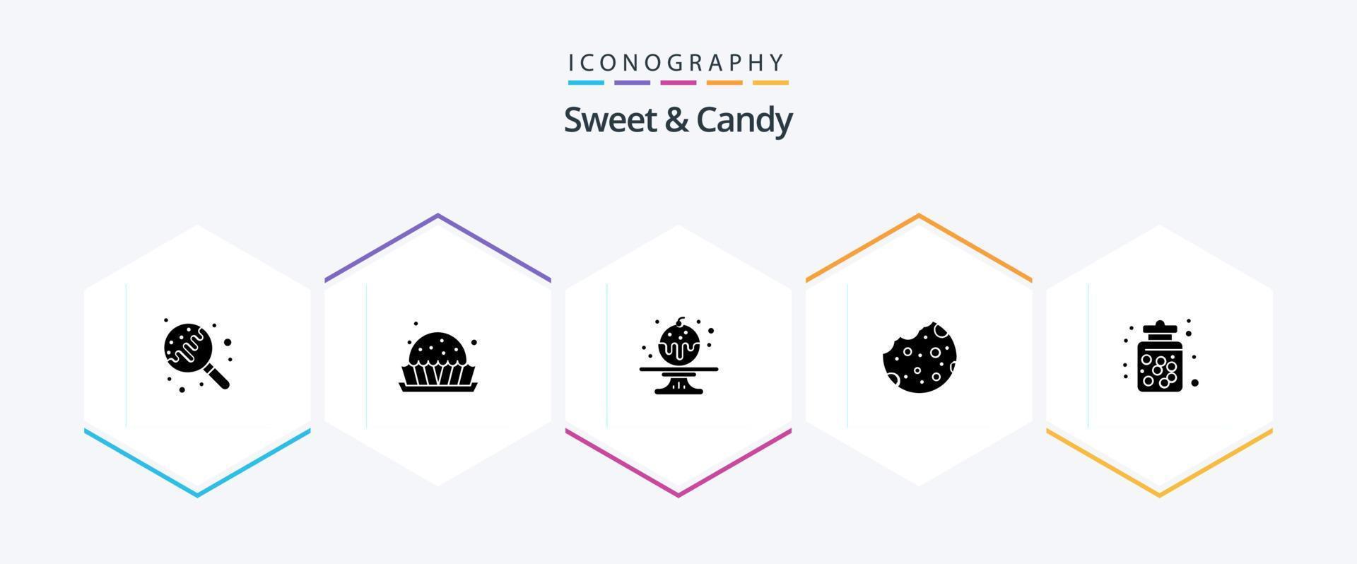 zoet en snoep 25 glyph icoon pak inclusief nagerecht. snoep. zoet. voedsel. koekje vector