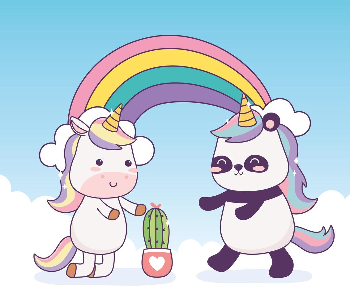 kawaii panda en eenhoorn met cactus en regenboog cartoon magische fantasie vector