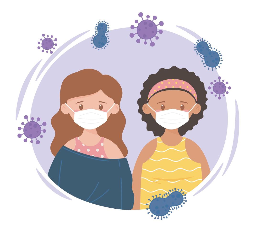 twee meisjes met beschermend masker, preventie coronavirusziekte, covid 19 vector