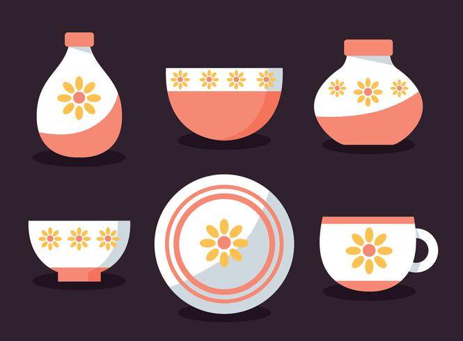 Servies met zon bloem Ornament Vector