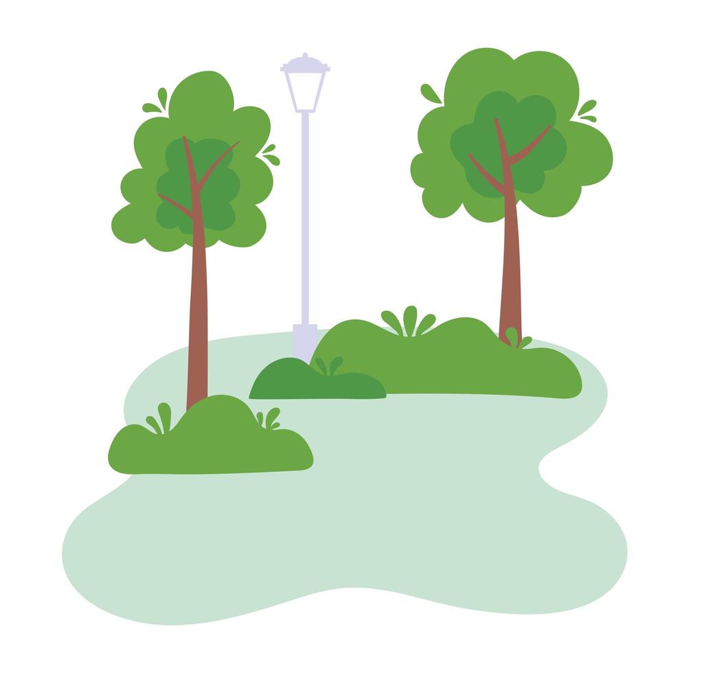 park lantaarnpaal bomen struiken gebladerte vegetatie achtergrondontwerp vector
