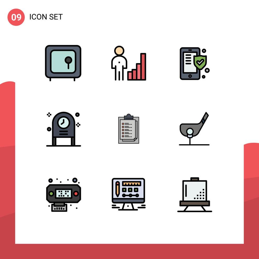 pictogram reeks van 9 gemakkelijk gevulde lijn vlak kleuren van partij klok diagram viering veiligheid bewerkbare vector ontwerp elementen