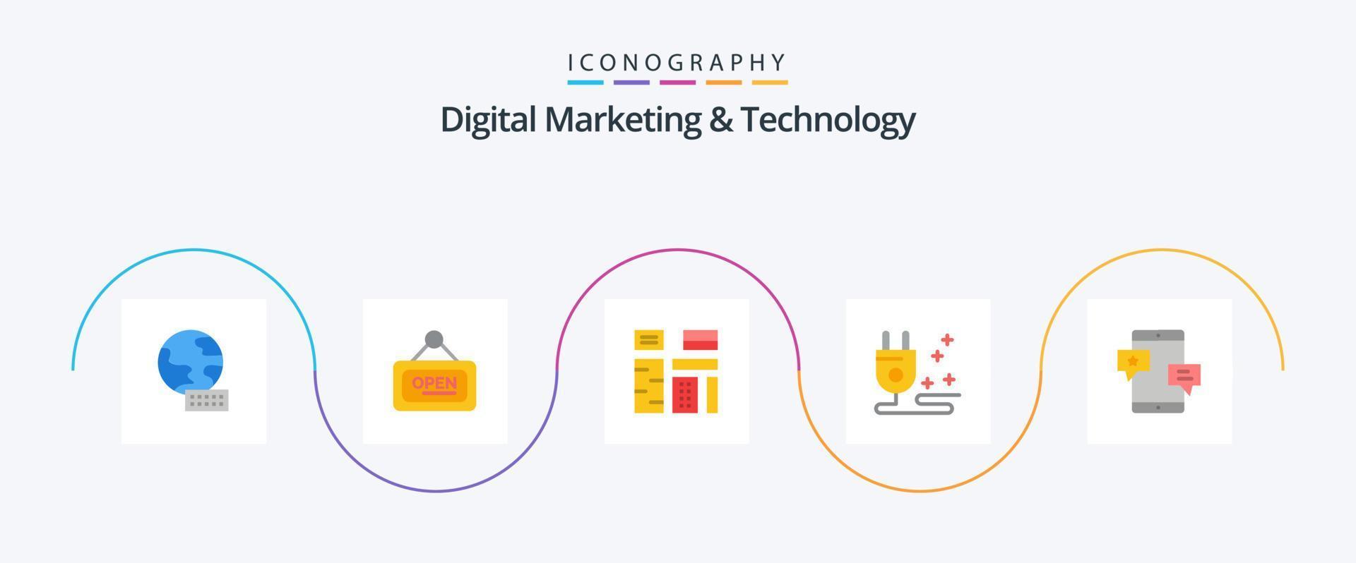 digitaal afzet en technologie vlak 5 icoon pak inclusief media. chatten. inhoud. marketing. plug vector