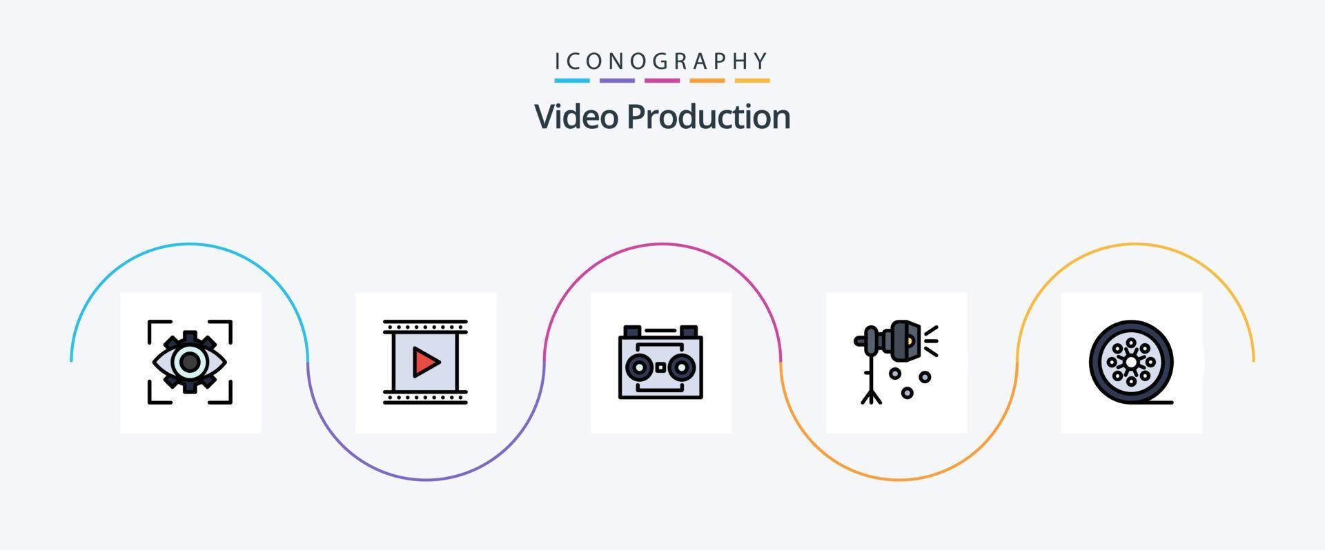 video productie lijn gevulde vlak 5 icoon pak inclusief bliksem. verlichting. film. geluid opname. digitaal audio vector