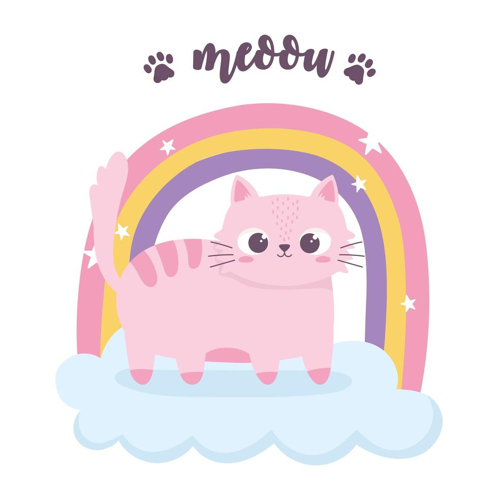 schattige roze kat regenboog wolk cartoon dier grappig karakter vector